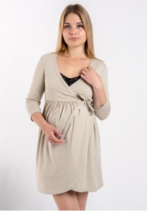 Комплект для роддома (халат + сорочка) "Лина" бежевый с черным для беременных и кормящих 